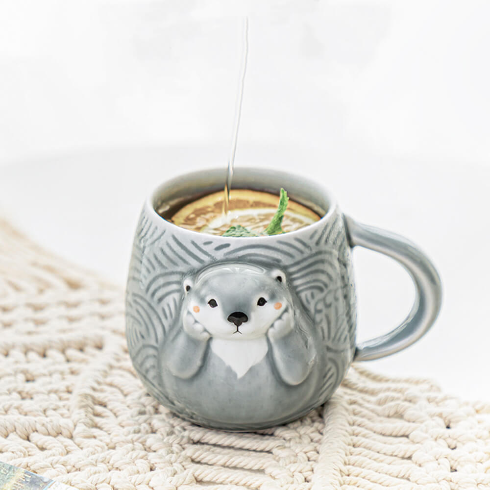 Hand Painted Sea Otter Stoneware Mug, Ceramic Animal Coffee Cup