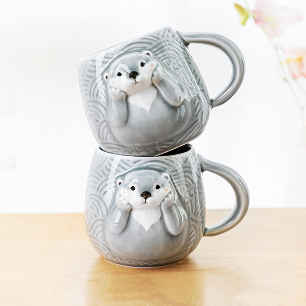 Hand Painted Sea Otter Stoneware Mug, Ceramic Animal Coffee Cup
