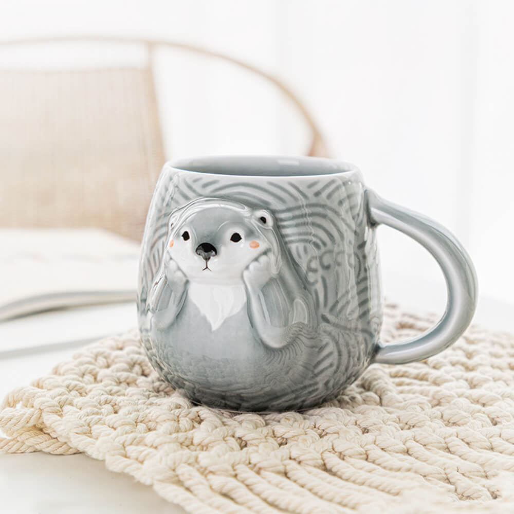 Hand Painted Sea Otter Stoneware Mug, Ceramic Animal Coffee Cup