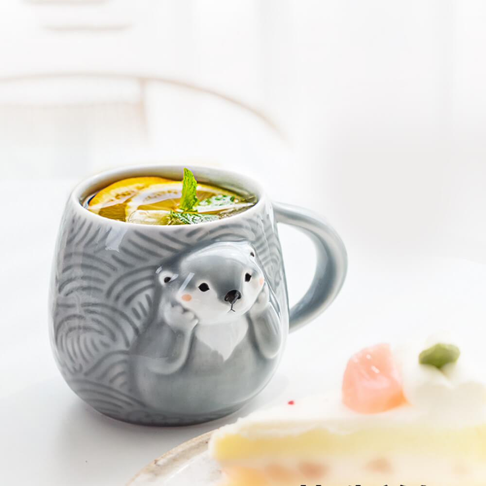 Hand Painted Sea Otter Stoneware Mug, Ceramic Animal Coffee Cup