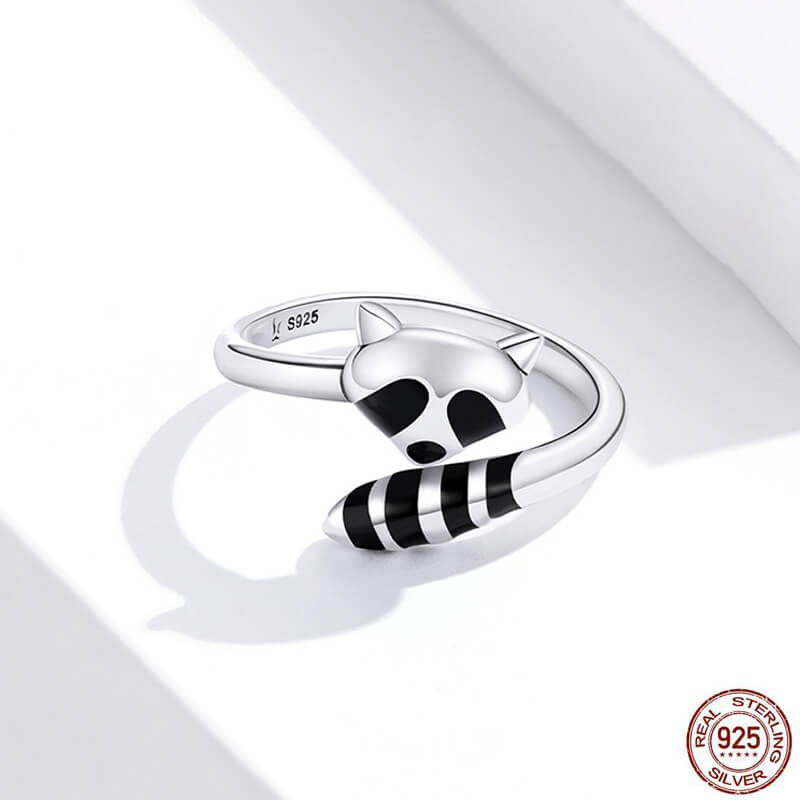 100% 925 Sterling Silver Open Adjustable Raccoon Ring