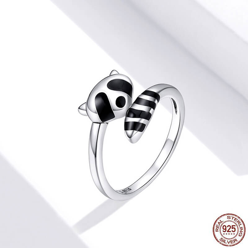 100% 925 Sterling Silver Open Adjustable Raccoon Ring