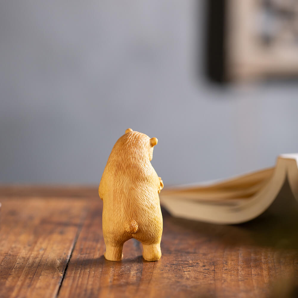 Hand-Carved Realistic Boxwood Bear Figurine