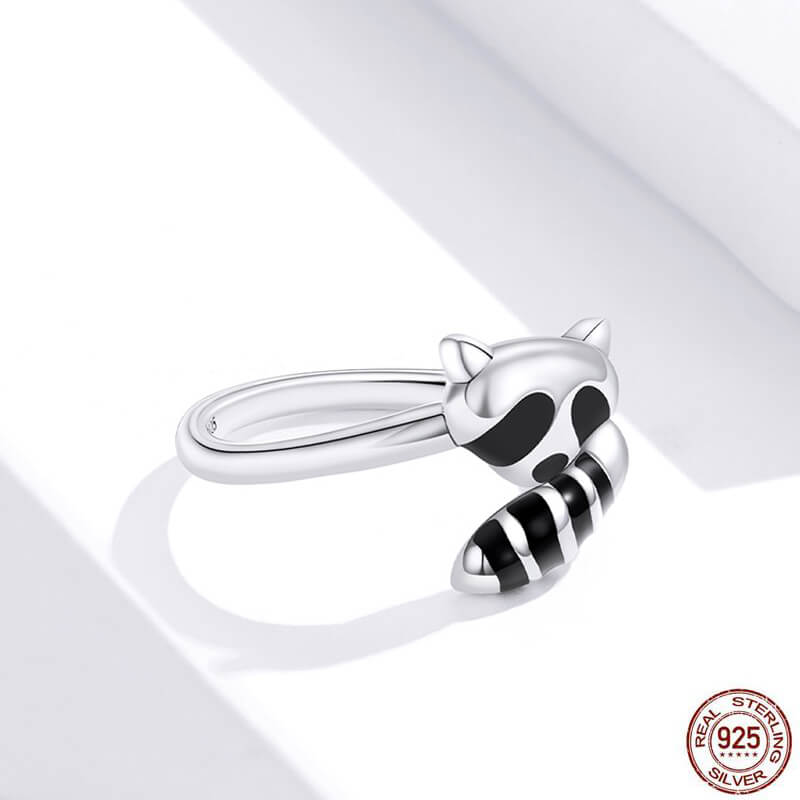100% 925 Sterling Silver Open Adjustable Raccoon Ring
