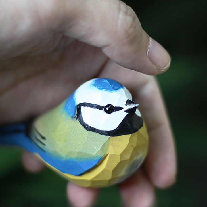 Handmade Carved Wooden Eurasian Blue Tit Bird Figurine