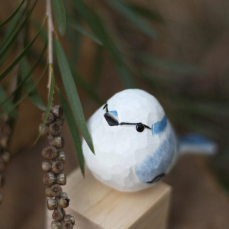 Handmade Carved Wooden Azure Tit Bird Figurine