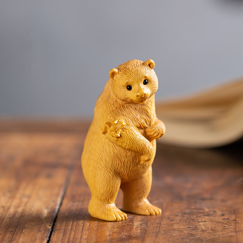 Hand-Carved Realistic Boxwood Bear Figurine
