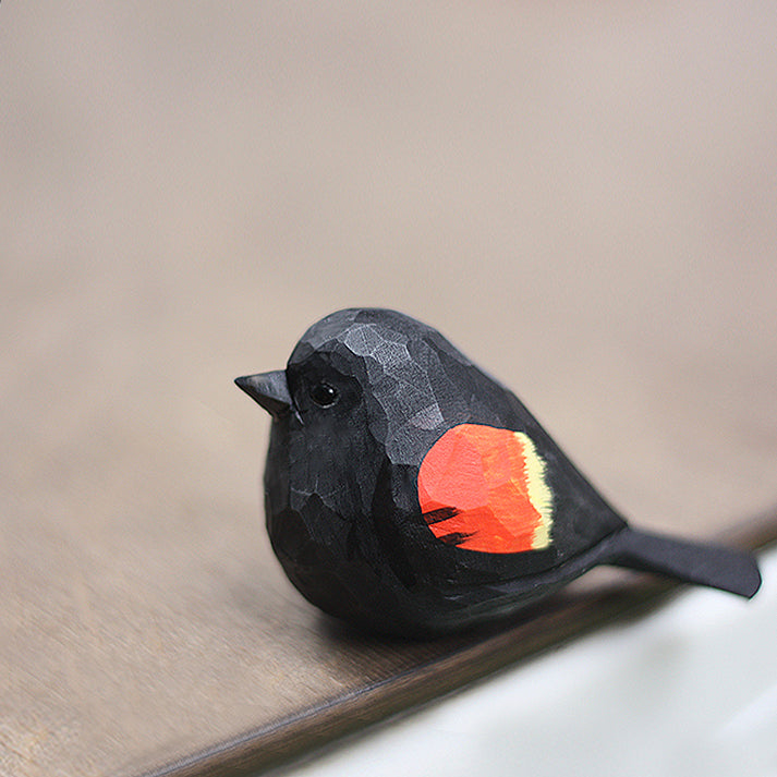 Handmade Carved Wooden Red-winged Blackbird Figurine