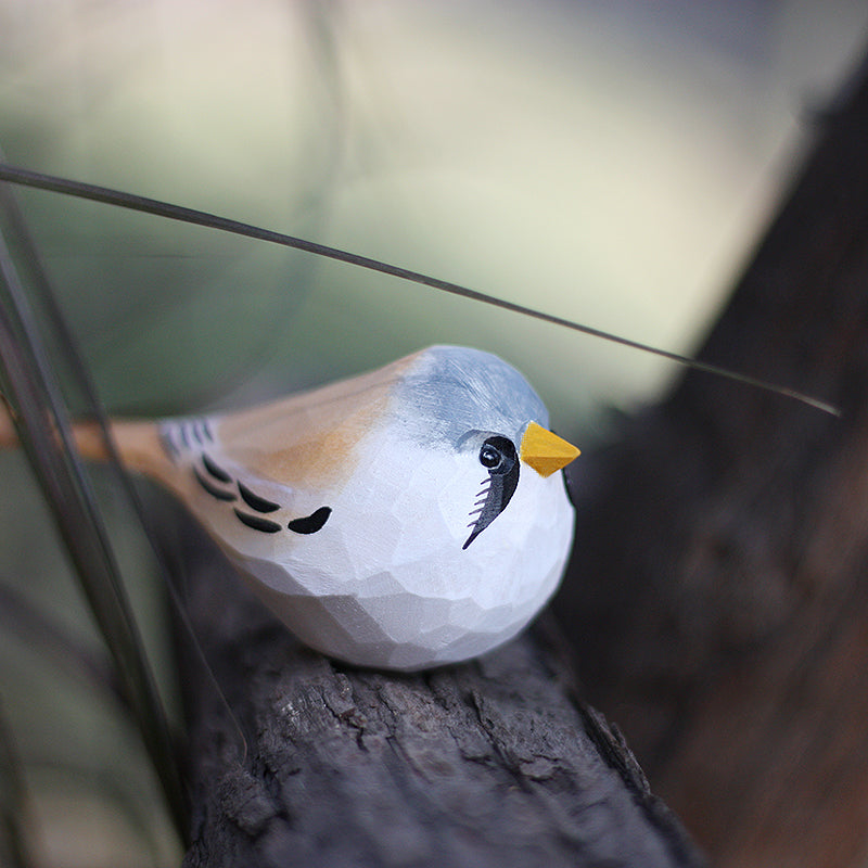 Handmade Carved Wooden Bearded Reedling Bird Figurine
