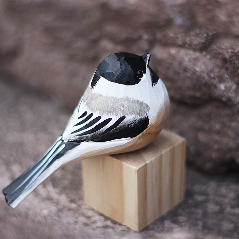 Handmade Carved Wooden Black-capped Chickadee Bird Figurine