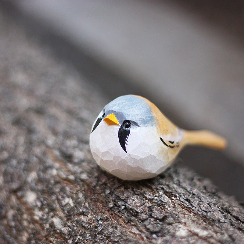 Handmade Carved Wooden Bearded Reedling Bird Figurine