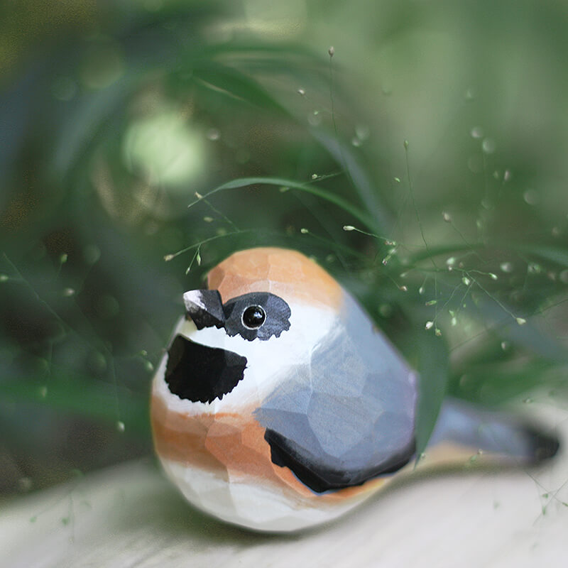 Handmade Carved Wooden Black-throated Bushtit Bird Figurine