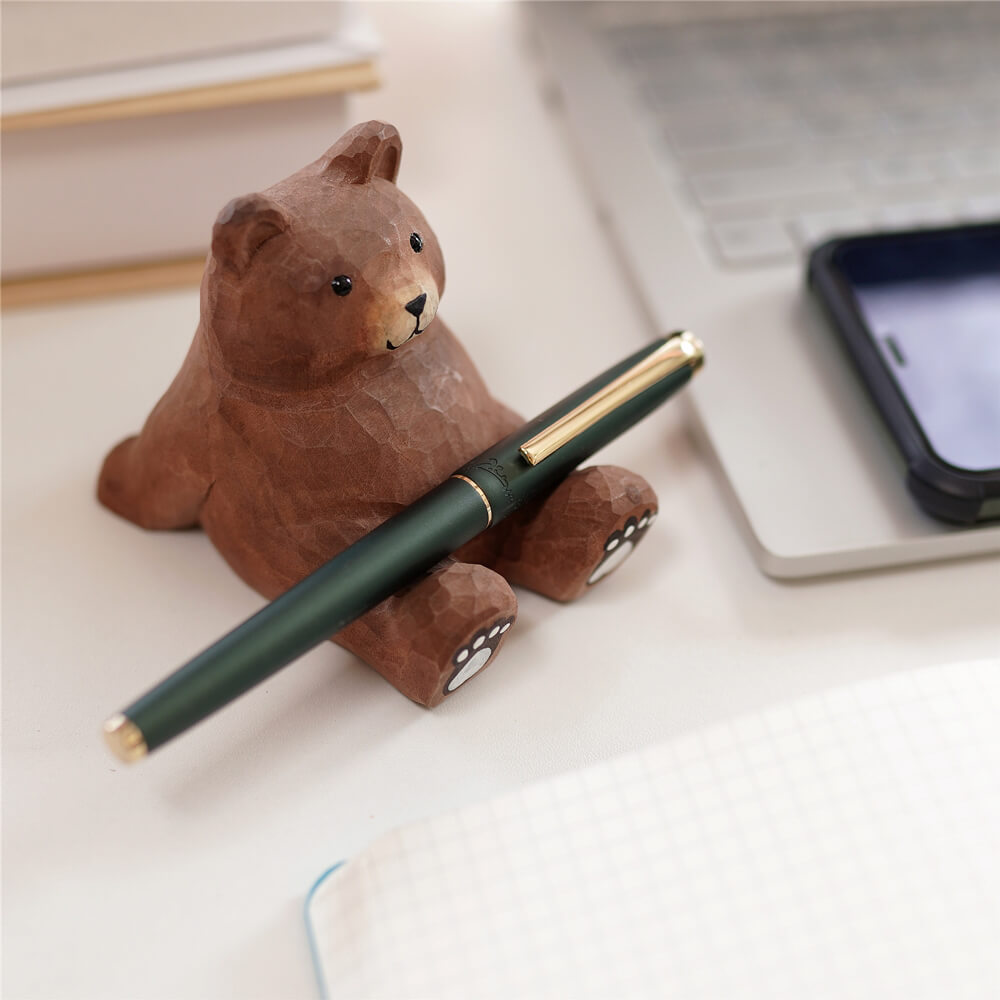 Handmade Carved Brown Bear Pen Stand Cell