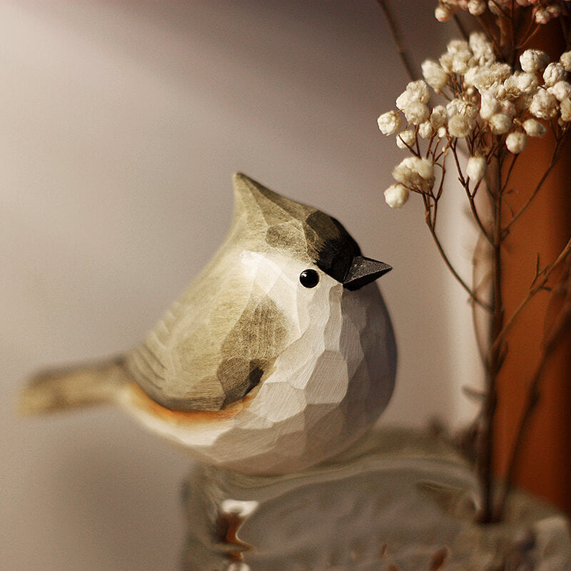 Handmade Carved Wooden Tufted Titmouse Bird Figurine