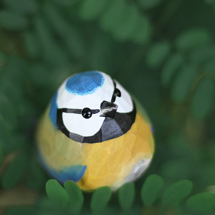 Handmade Carved Wooden Eurasian Blue Tit Bird Figurine