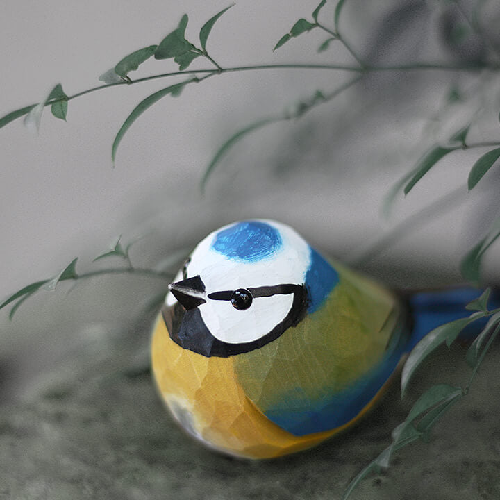 Handmade Carved Wooden Eurasian Blue Tit Bird Figurine