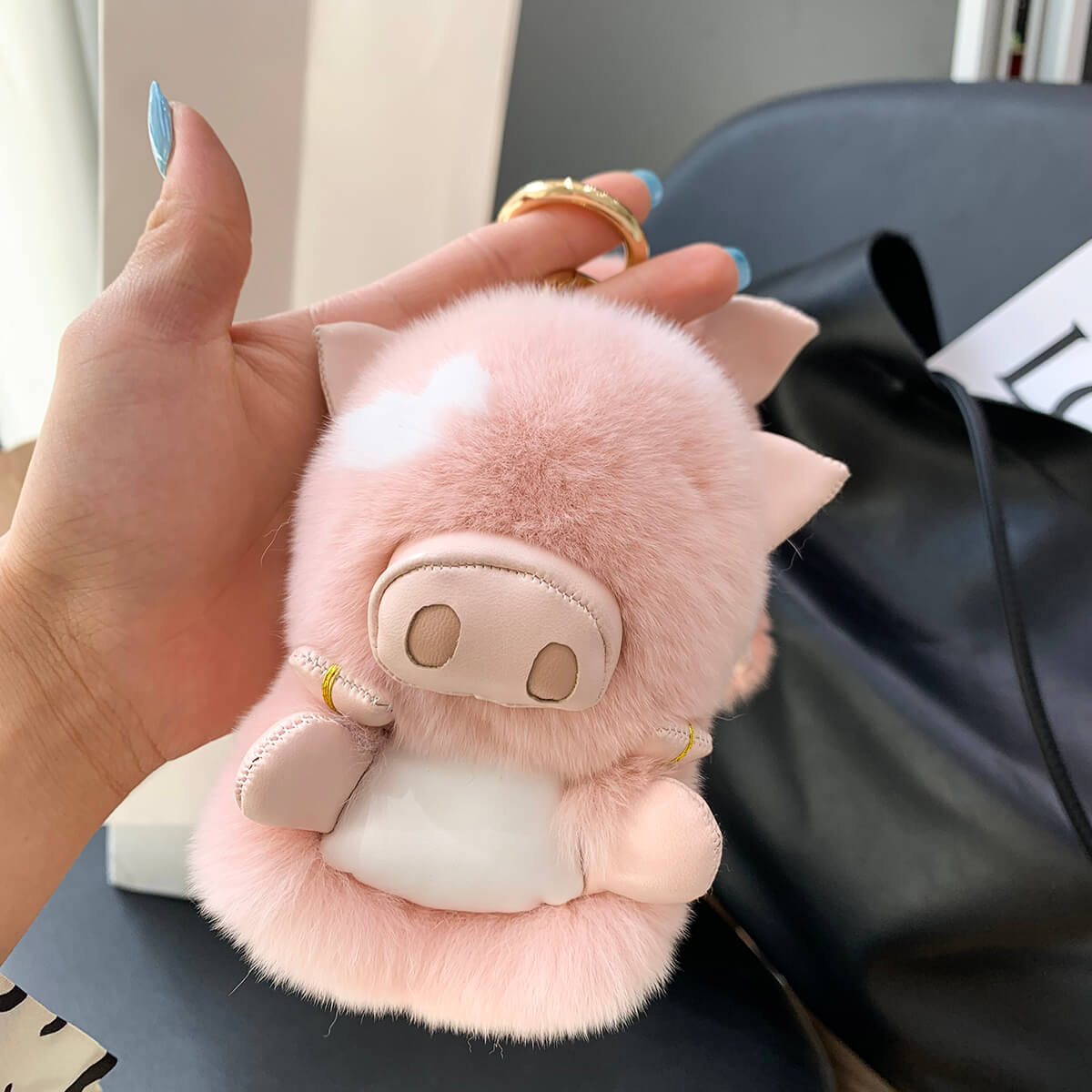 Fluffy Stuffed Pig Bag Charm, 5.5inch 100% Polyester Animal Keychain