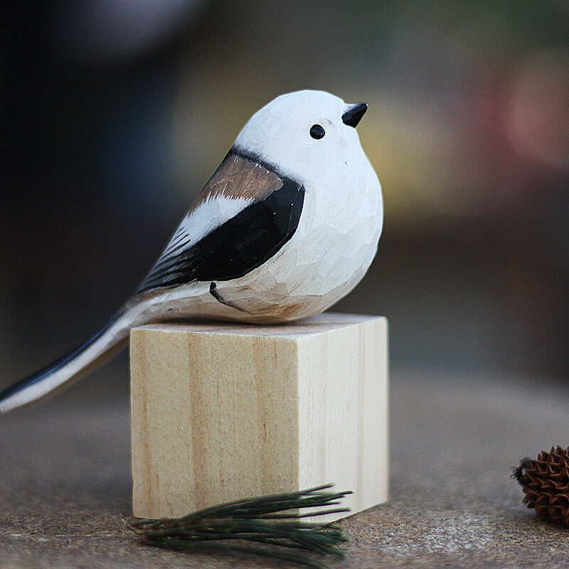Handmade Carved Wooden Silver-throated Bushtit Figurine