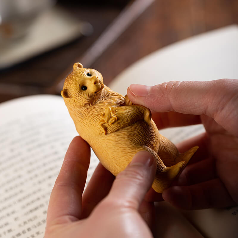 Hand-Carved Realistic Boxwood Bear Figurine