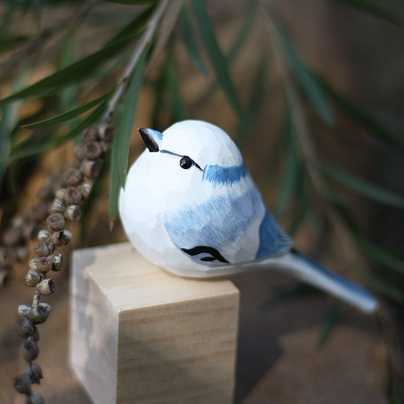 Handmade Carved Wooden Azure Tit Bird Figurine